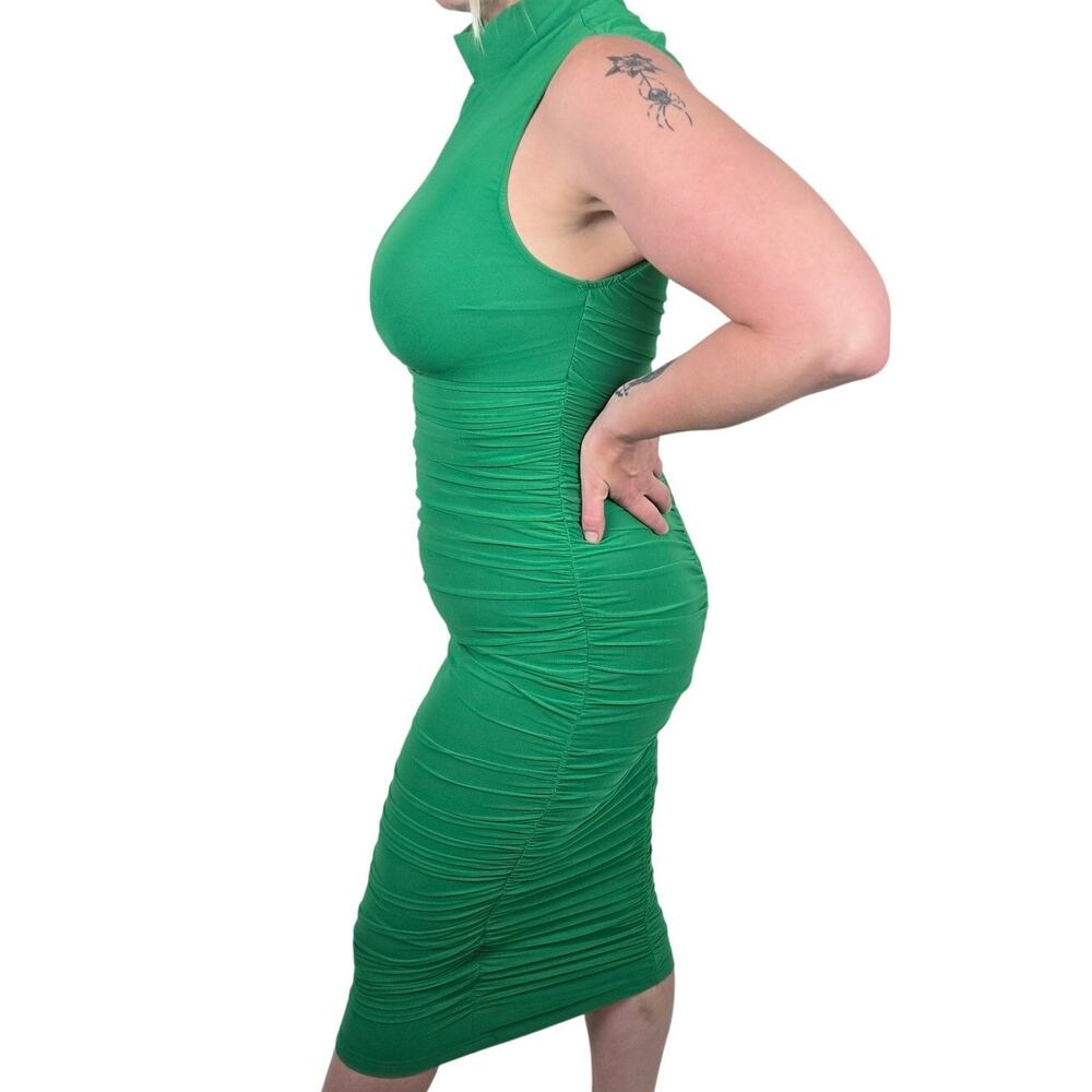 Large Green Sexy Bodycon High Neck Sleeveless Ruched Midi Dress [TF021-Green-L] - Picture 4 of 6